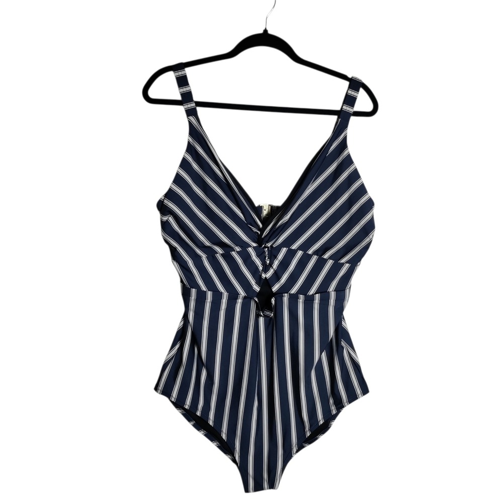 City Chic Navy White Striped Twist Front One Piece Swimsuit Size M 00200371